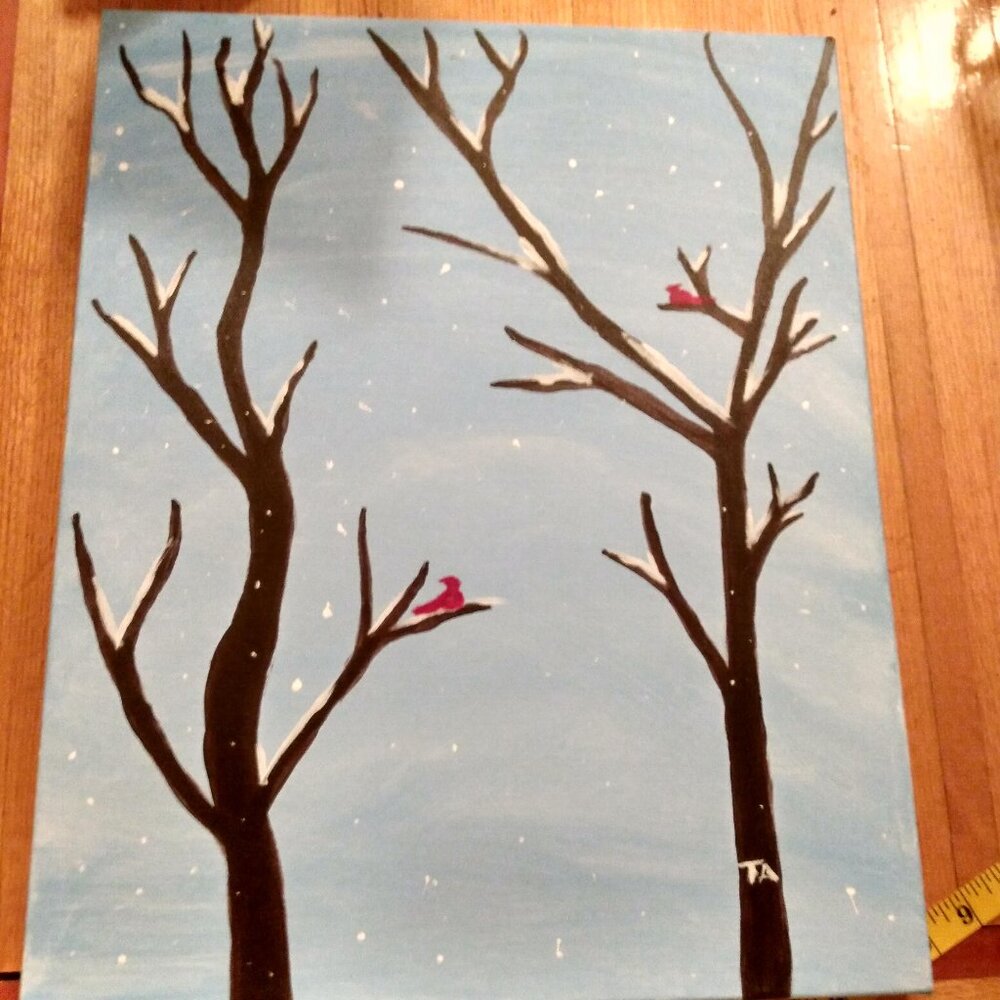 Simple Winter Trees Birds Cardinal Snowy Hand Painted on Canvas Box Frame 20x16